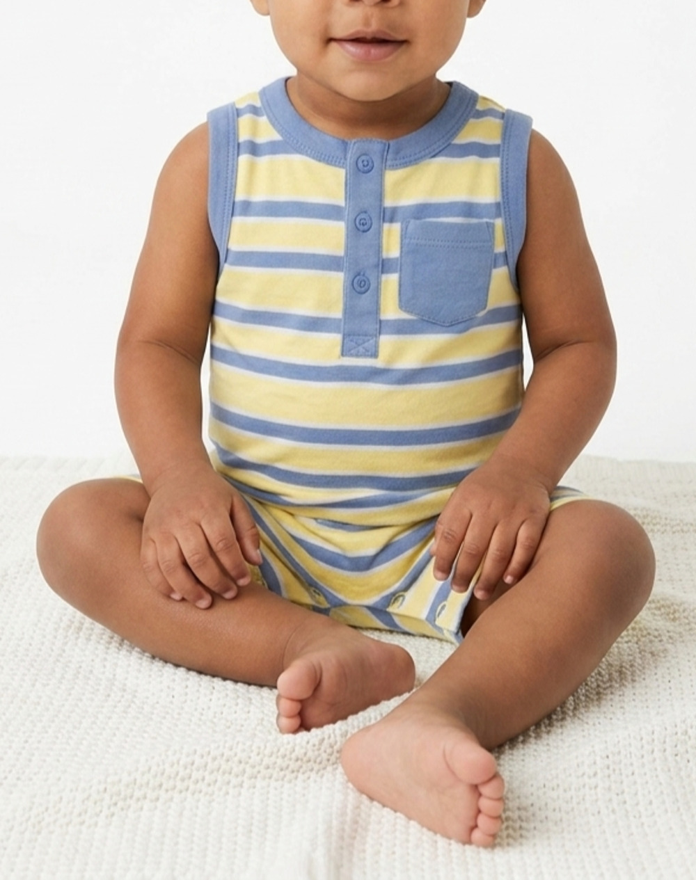 First Impressions Baby Boy Sunsuit 24 Months Yellow Blue Striped Romper NWT